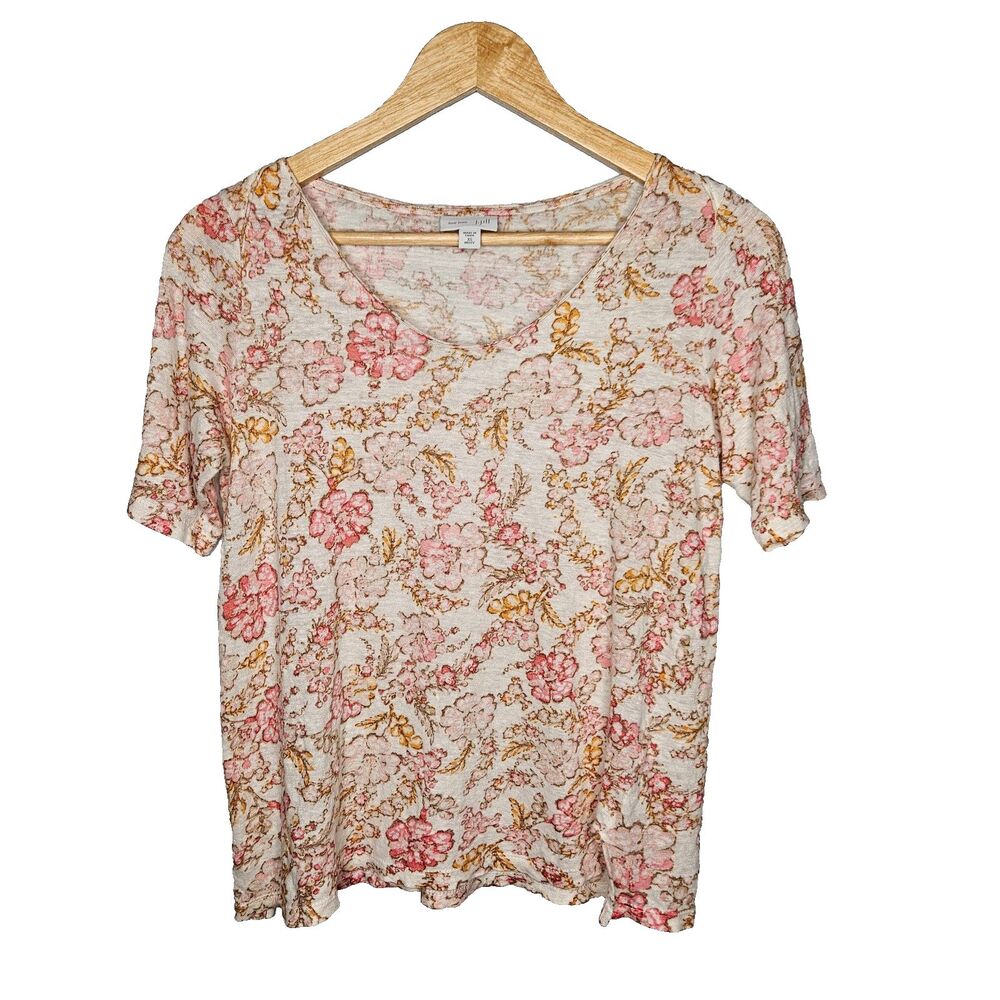 J JILL LOVE LINEN Floral Top XS 100% Linen Tee Shirt Short Sleeve Front Slit